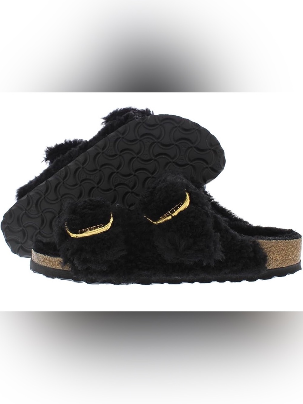 Birkenstock Black Faux Fur Slide Sandals with Gold Buckles